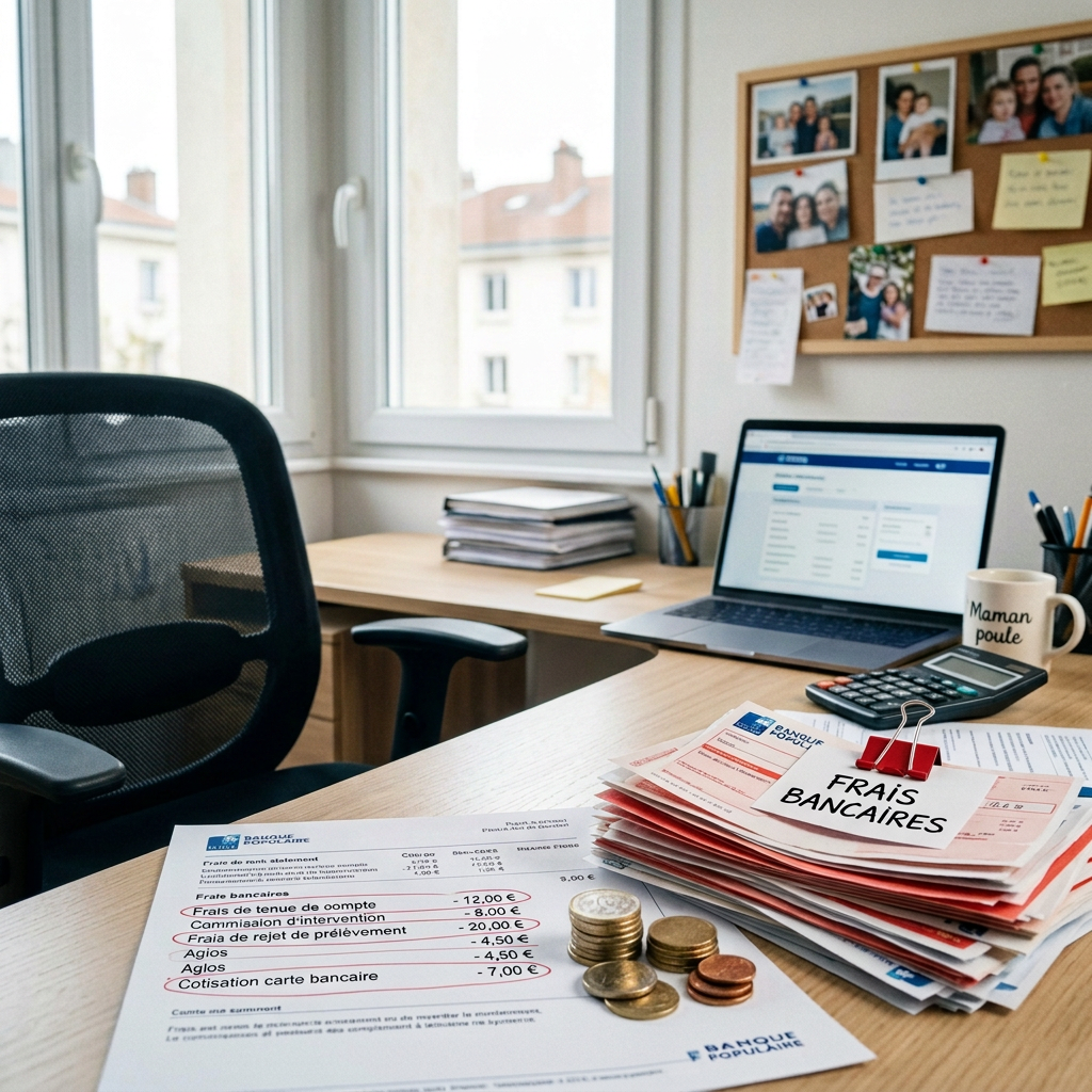 Woman reviewing bank statements with highlighted bank fees and coins on desk