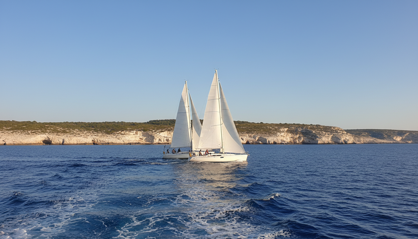Deux voiliers en régate sur la mer Méditerranée, l'un naviguant dans le sillage de l'autre, illustrant la concurrence déloyale et le parasitisme entre entreprises