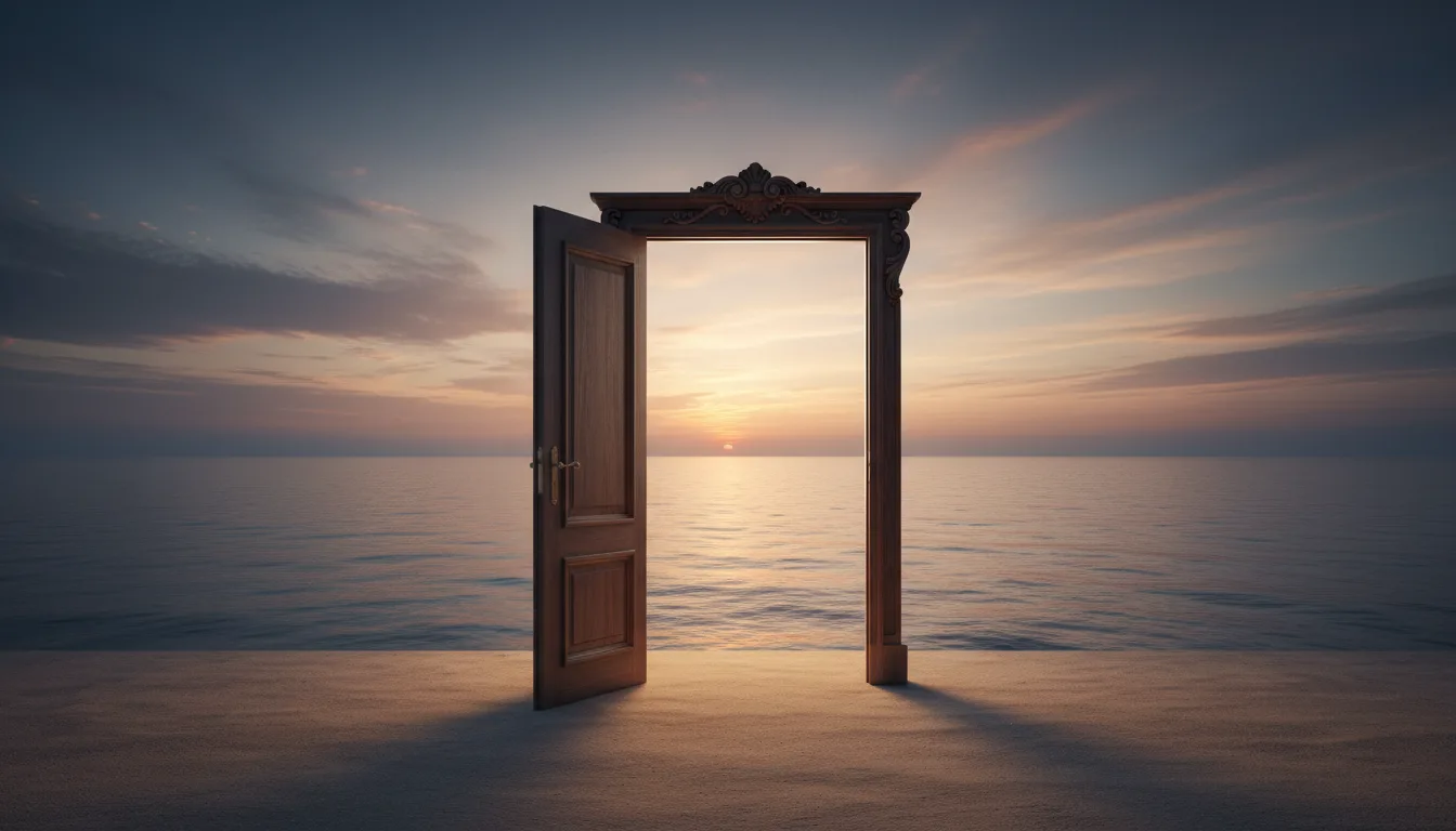 Porte ouverte d'un local commercial vide donnant sur la mer à l'aube, illustrant la résiliation du bail commercial par le locataire