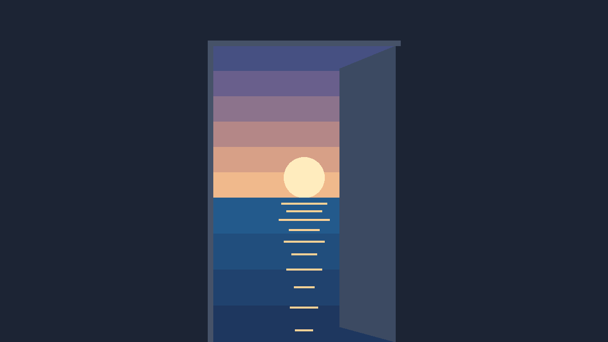Porte ouverte sur la mer Méditerranée au coucher du soleil, illustration du départ des locaux et de la résiliation du bail commercial par le locataire