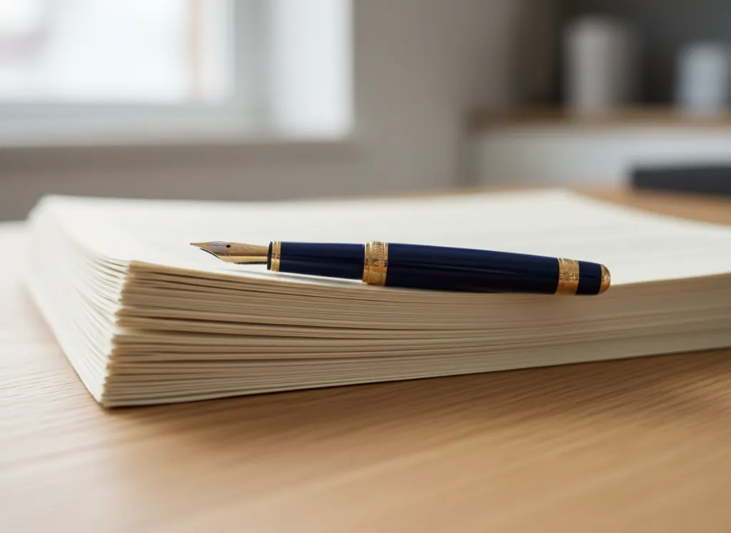 Stylo plume posé sur des documents, illustrant le droit des contrats