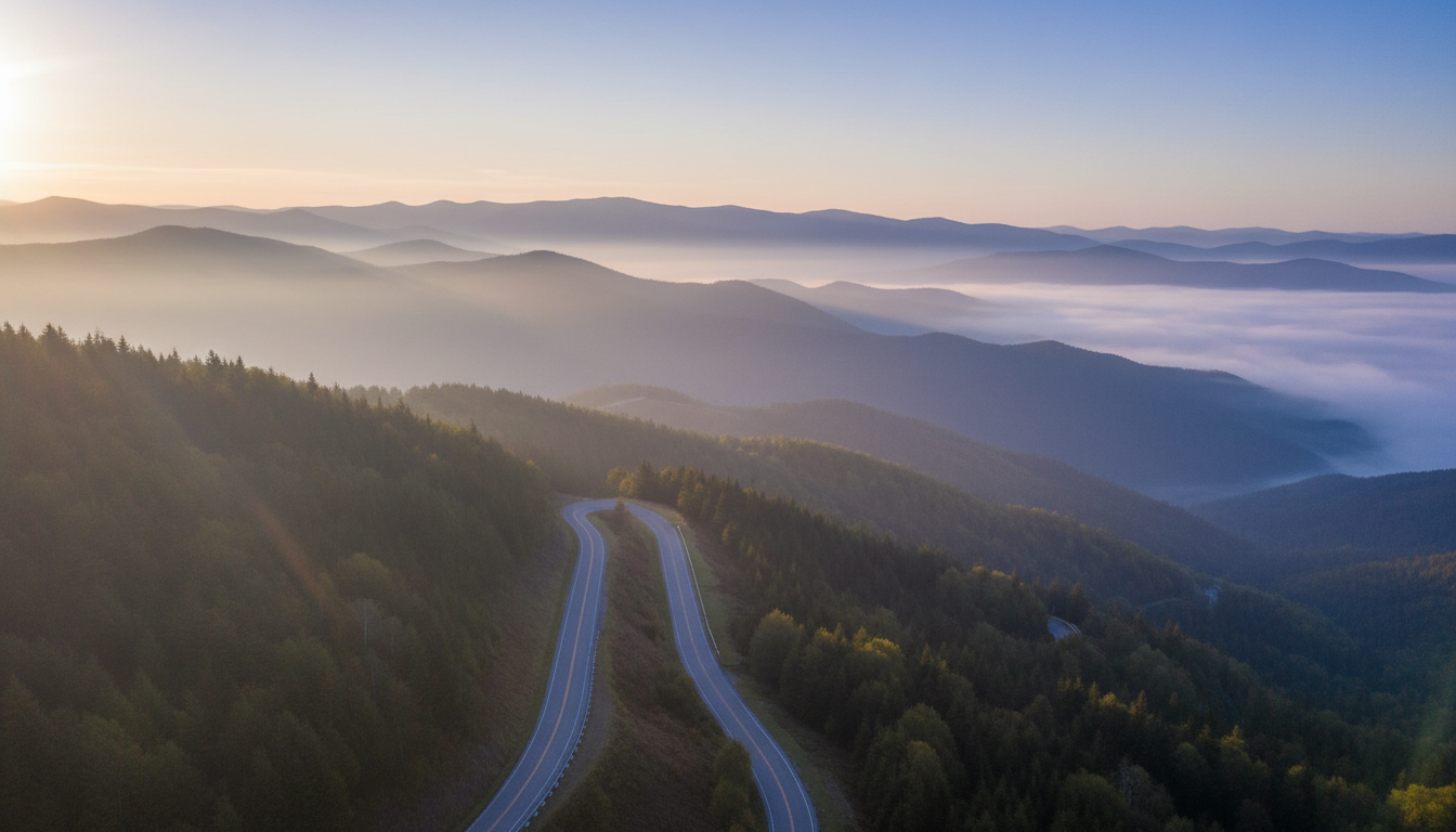 Route de montagne sinueuse dans la brume, illustrant les délais d'indemnisation après un accident de la route