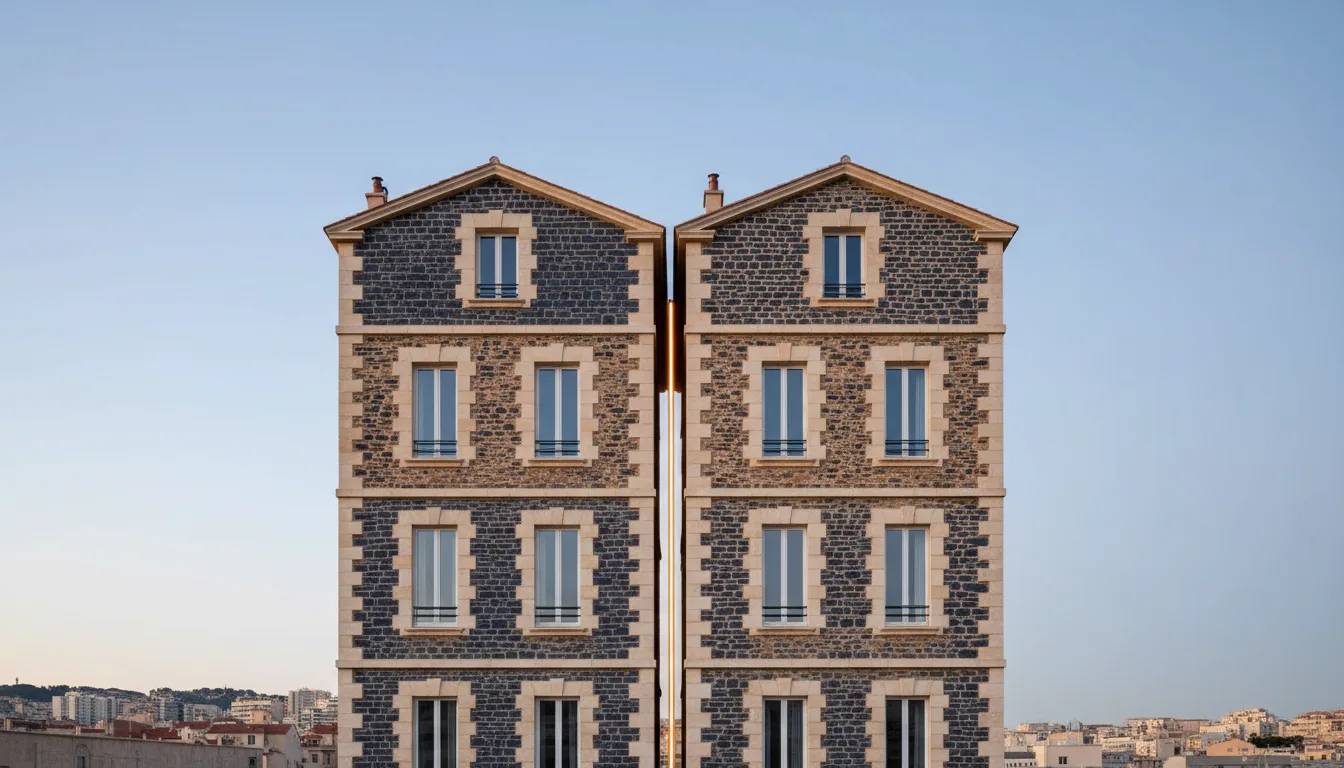 Deux maisons de ville en pierre côte à côte sous un ciel du soir, illustrant le trouble anormal de voisinage